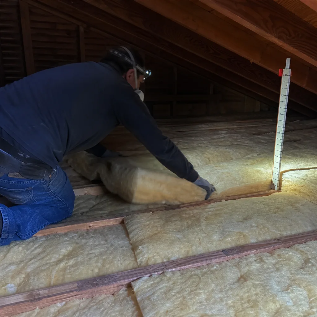 Professional contractor installing attic insulation in a residential home