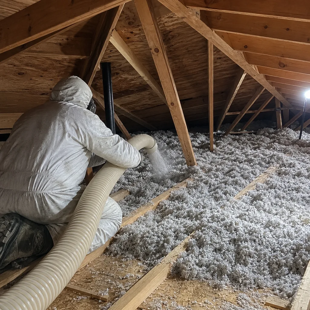 Professional contractor installing blown-in attic insulation with hose.