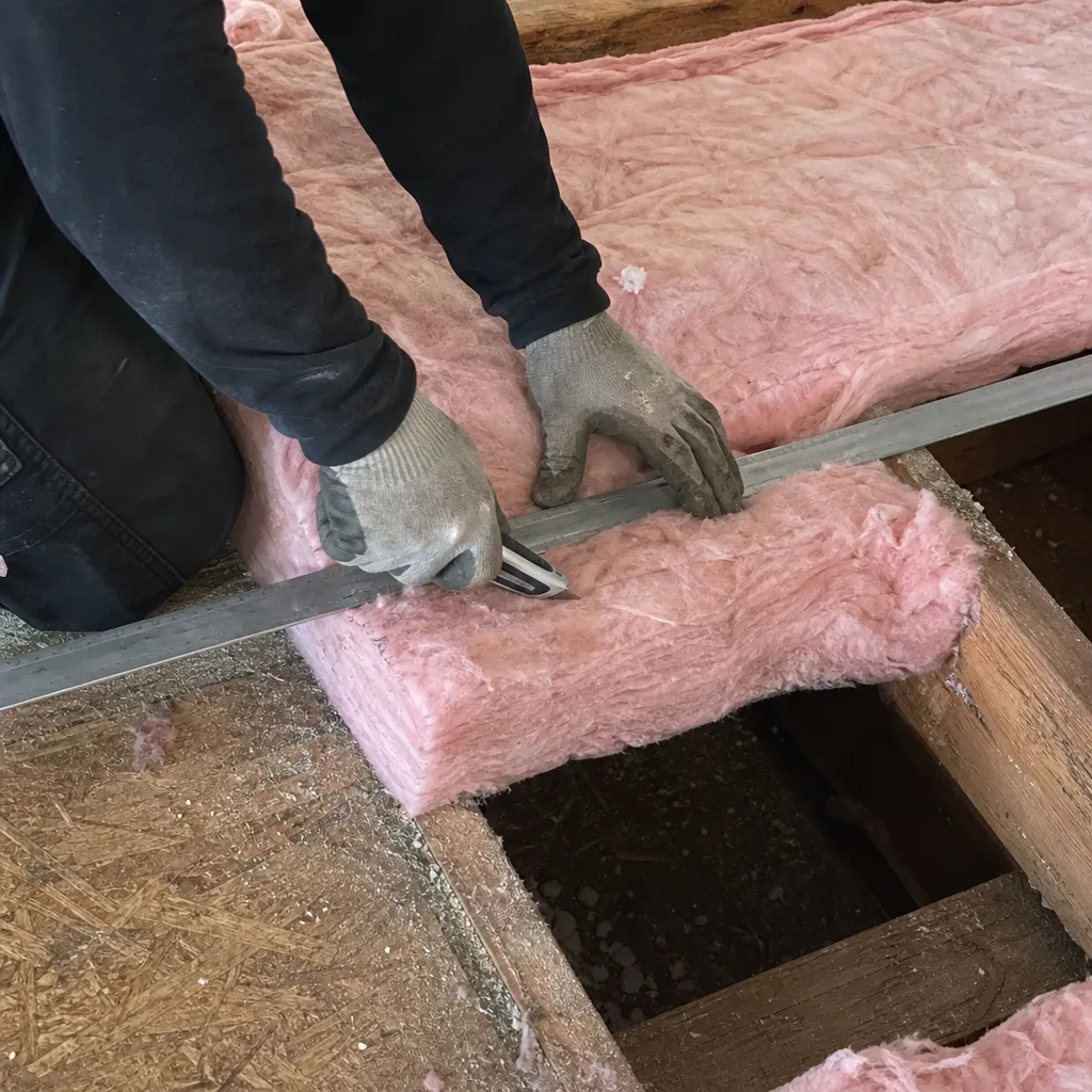 Professional cutting pink fiberglass attic insulation with a utility knife
