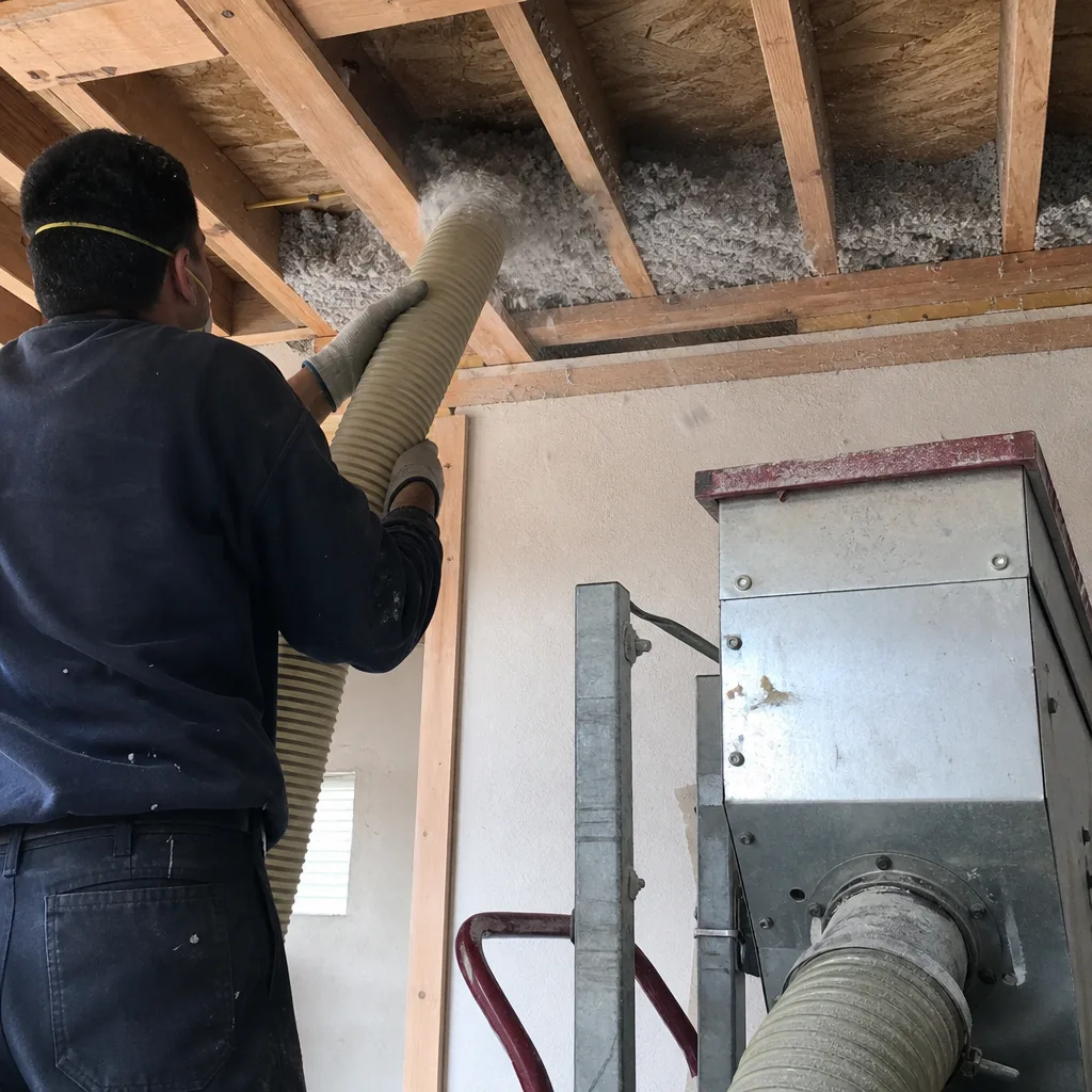 Professional contractor installing blown-in insulation in a ceiling frame