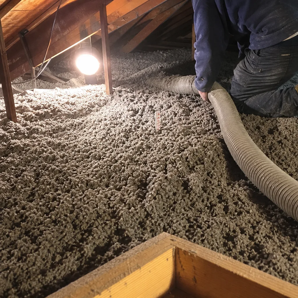 Technician installing blown-in cellulose insulation in an attic space