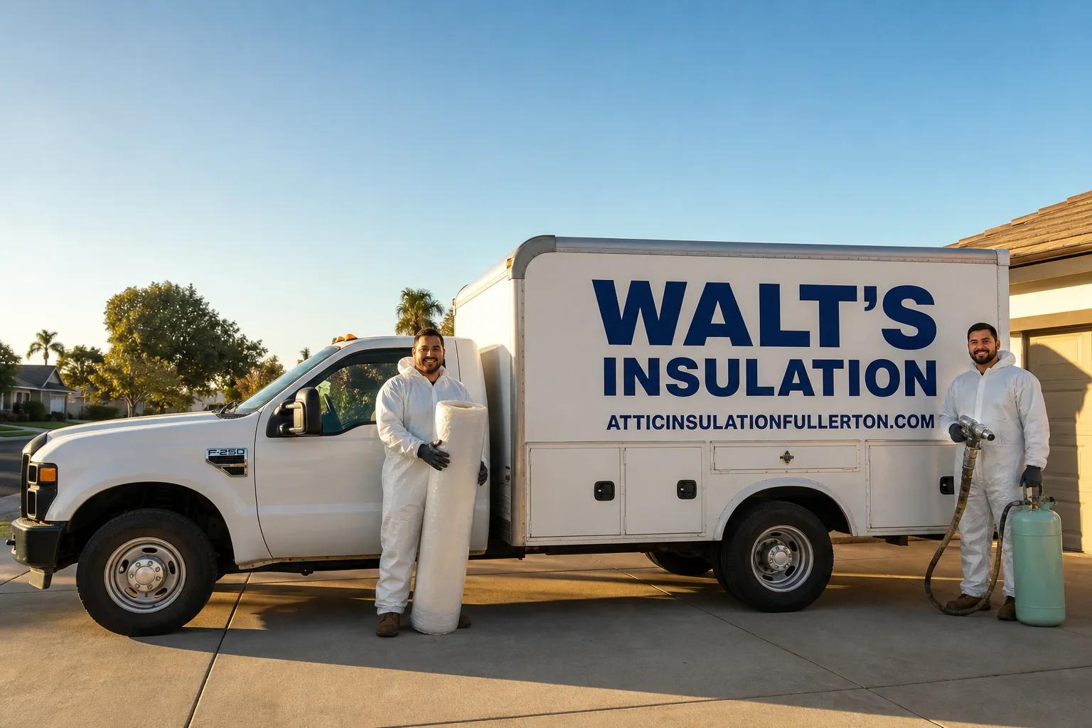 Walt's Insulation insulation service vehicle and crew in Fullerton, CA