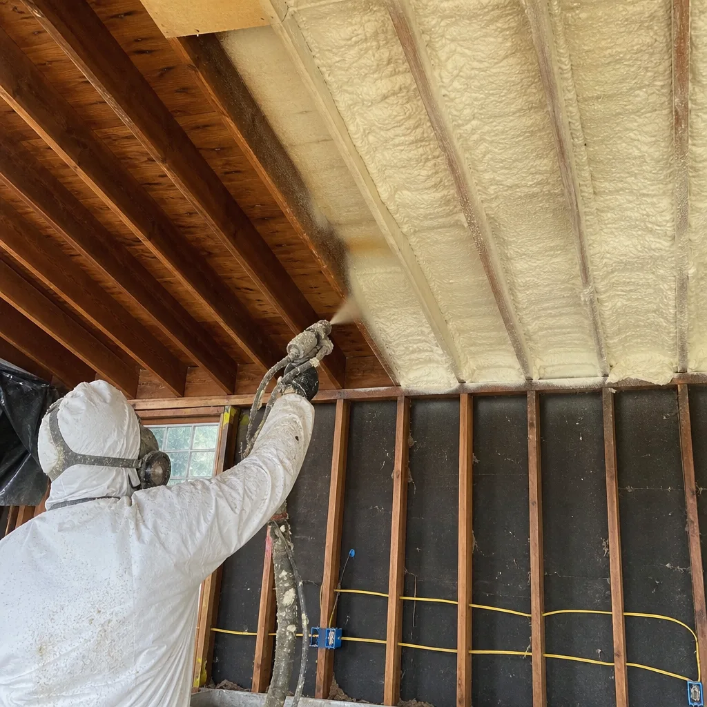 Professional contractor applying spray foam insulation to a residential ceiling.